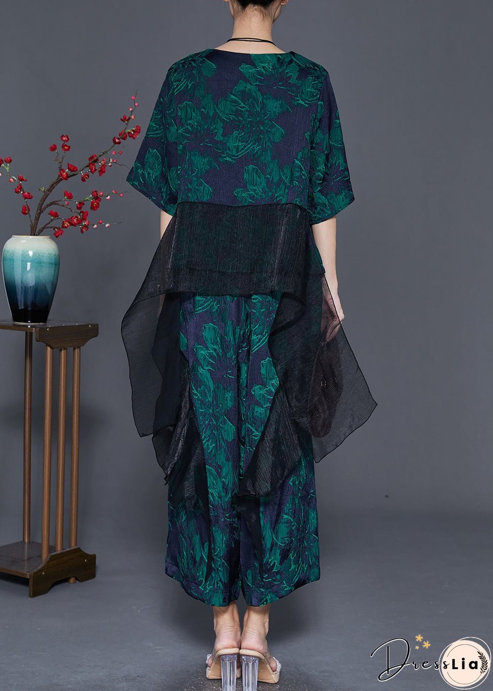 Stylish Green Oversized Patchwork Print Silk Two-Piece Set Fall
