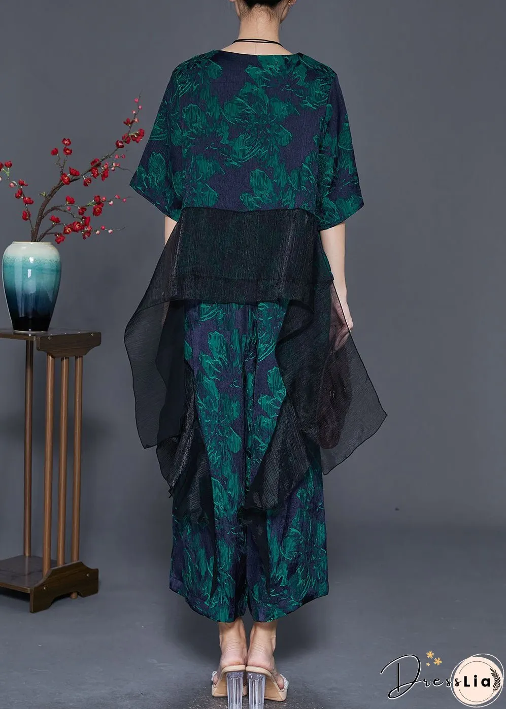 Stylish Green Oversized Patchwork Print Silk Two-Piece Set Fall