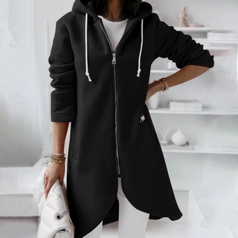 Personalized Street Zipper Hooded Mid-Length Plus Fleece Coat