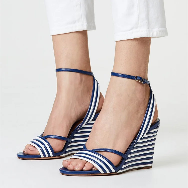 Blue and White Stripe Wedge Heels Open Toe Ankle Strap Sandals |FSJ Shoes