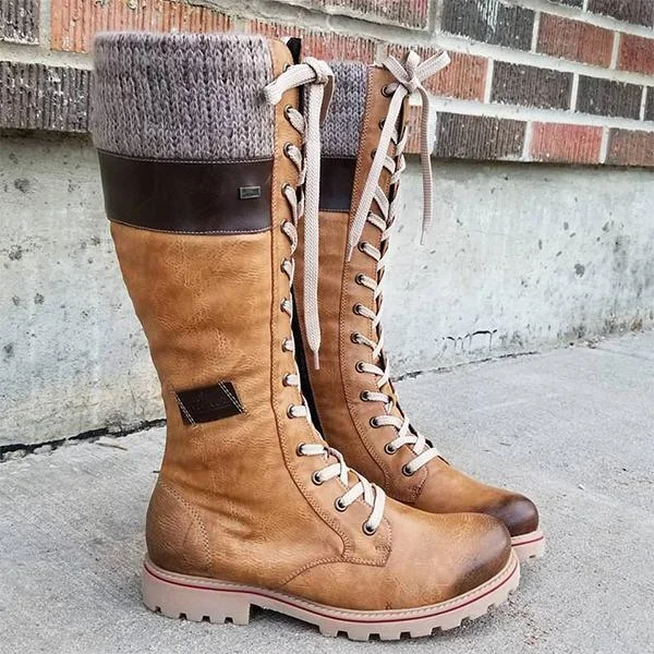 Women Winter Lace Up Knitted High Boots