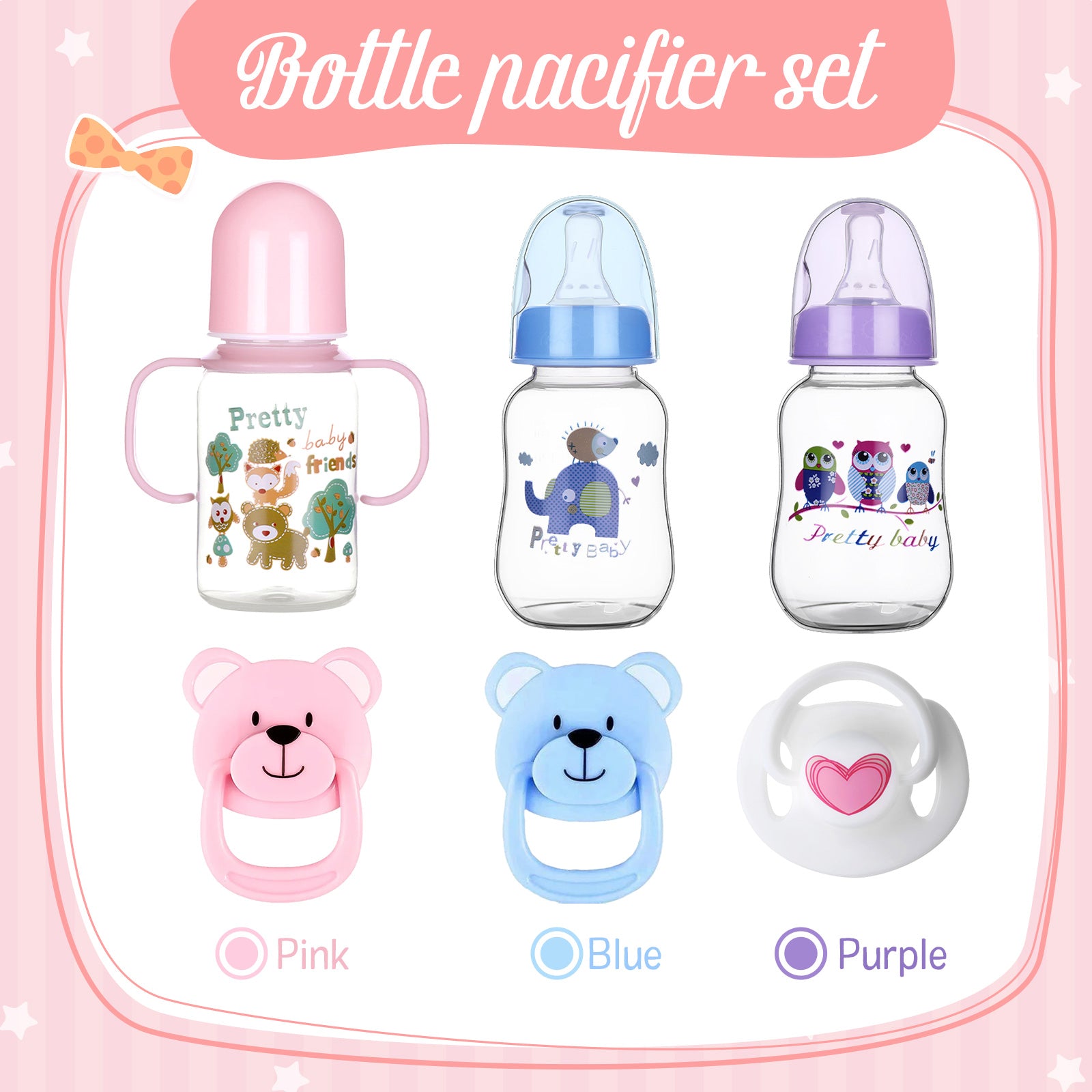 Babeside Pink Style Pacifier and Bottle 2 Piece Set Safest Reborn Baby Doll Accessories 6 Pcs Set