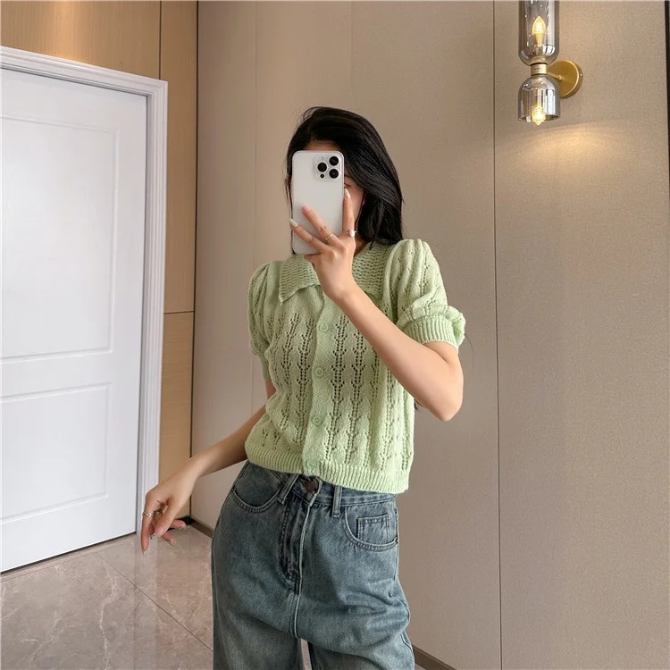 Churchf Churchf Summer New Design Sense Short Polo Collar Short Sleeve Jacket Sweet Hollow Out Bubble Sleeve Sweater Woman