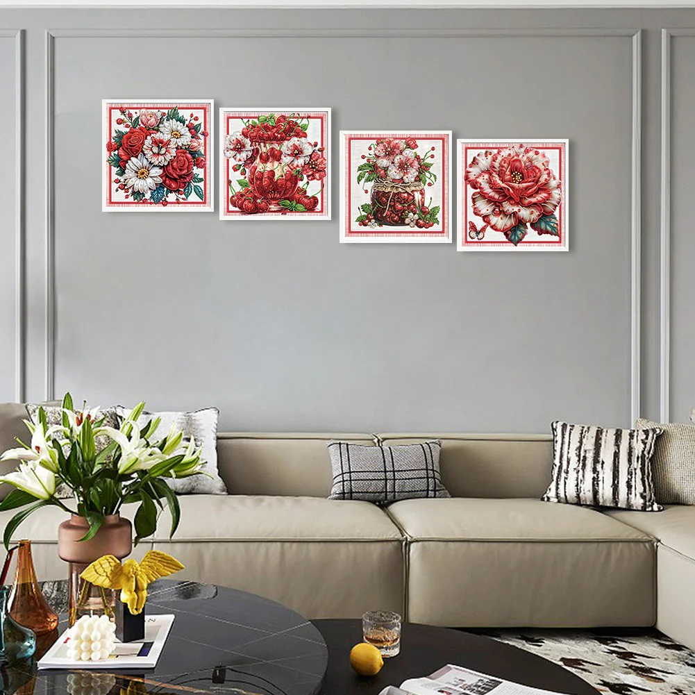 4pcs Diamond Painting - Partial Special Shaped Drill - Red Flower(Canvas|30*30cm)