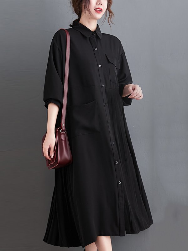 Original Solid Color Lapel Pleats Shirt Dress