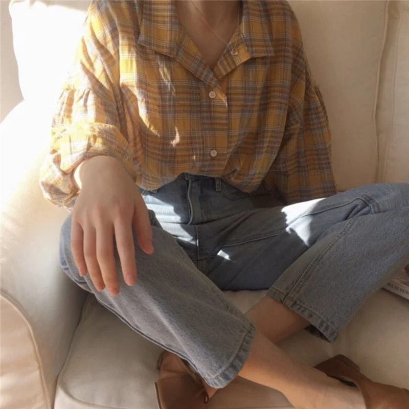 New yellow Shirt Oversize female Tops Women Long sleeve Linen Cotton Girls Blouse Autumn New Women Blouses Plaid femme