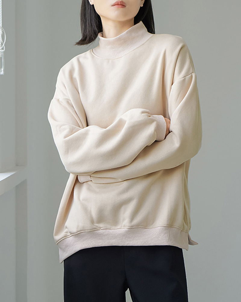 High Neck Long Sleeve Solid Color Loose Sweatshirt