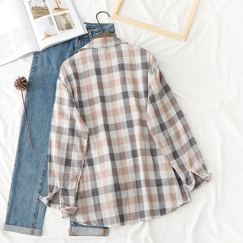 Plaid Shirts Womens Blouses And Tops Autumn News Double Layer Yarn Cotton Loose Female Check Clothes Outwear