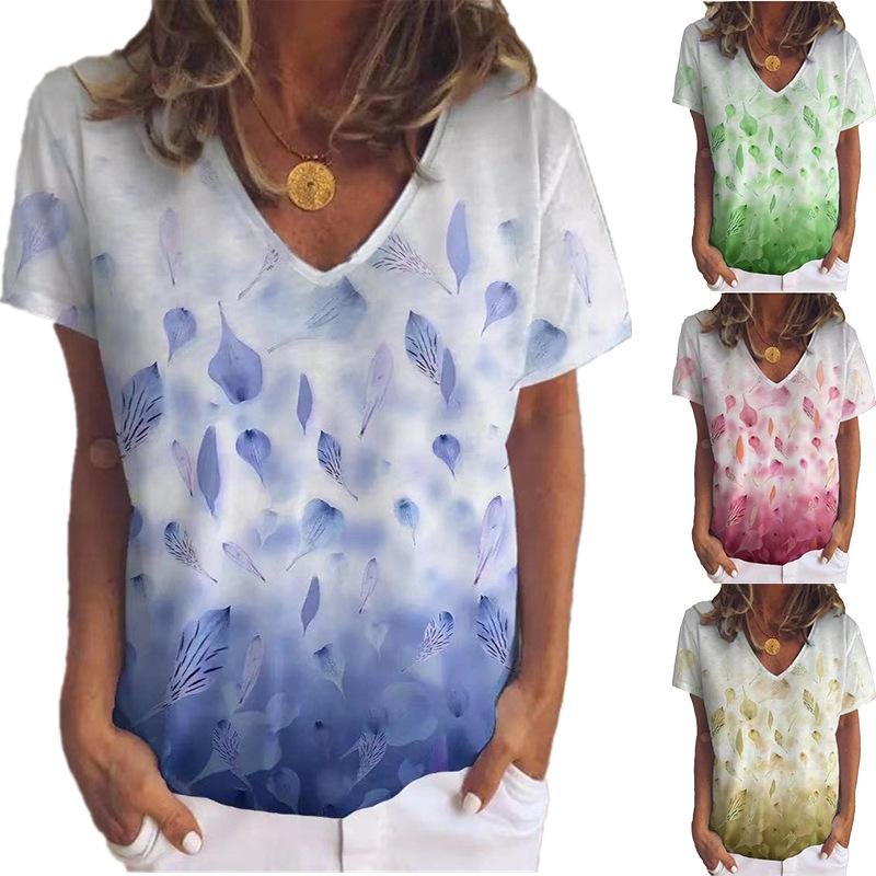 Leaf Flower Print V-Neck Short-Sleeved T-Shirt