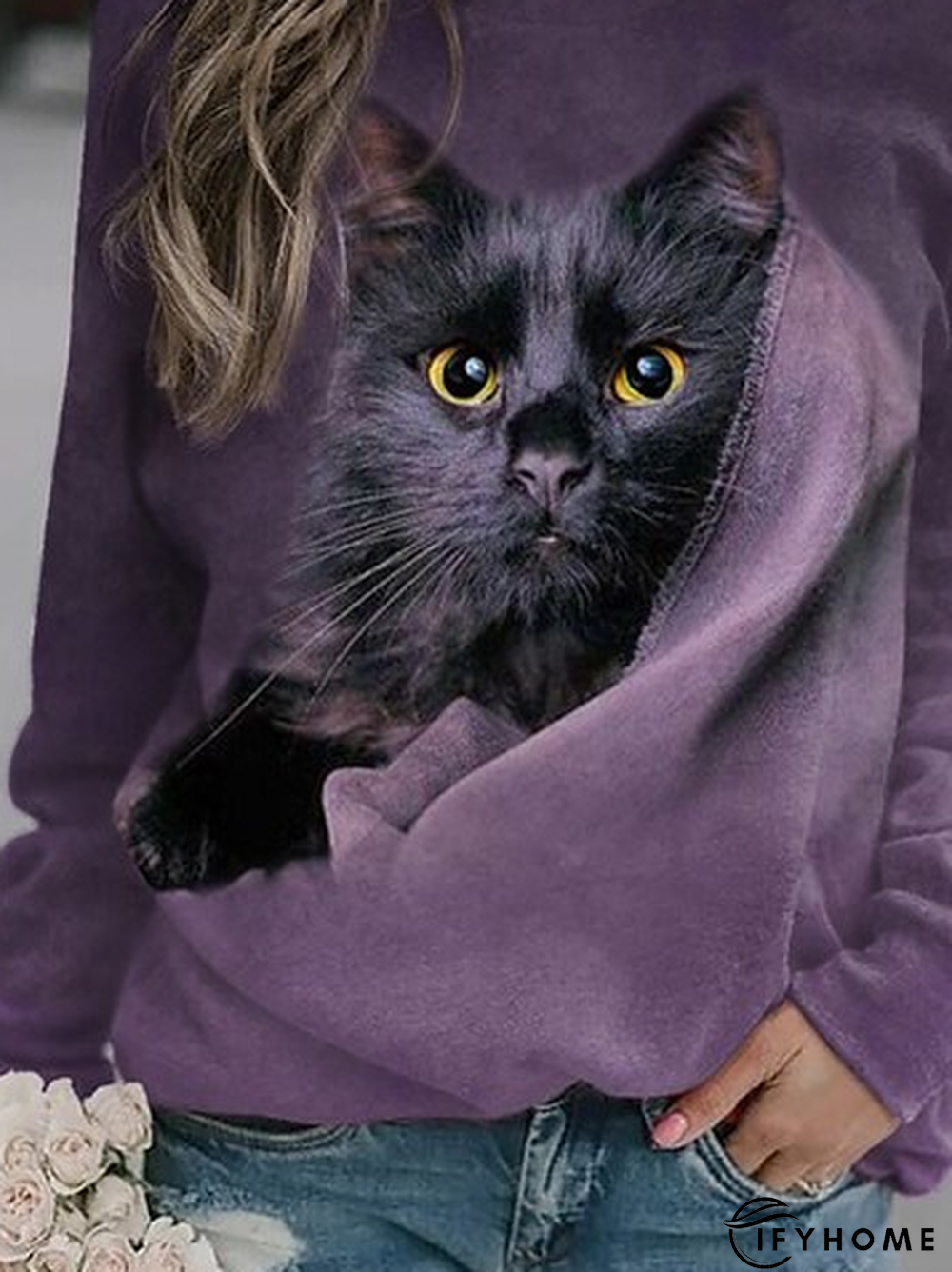 Cat Crew Neck Raglan Sleeve Casual Sweatshirt | IFYHOME