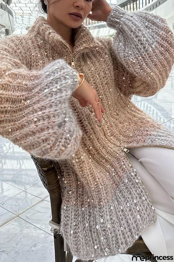 Warm Shining Heart Knit Sequin Balloon Sleeve Zipper Neck Loose Cardigan