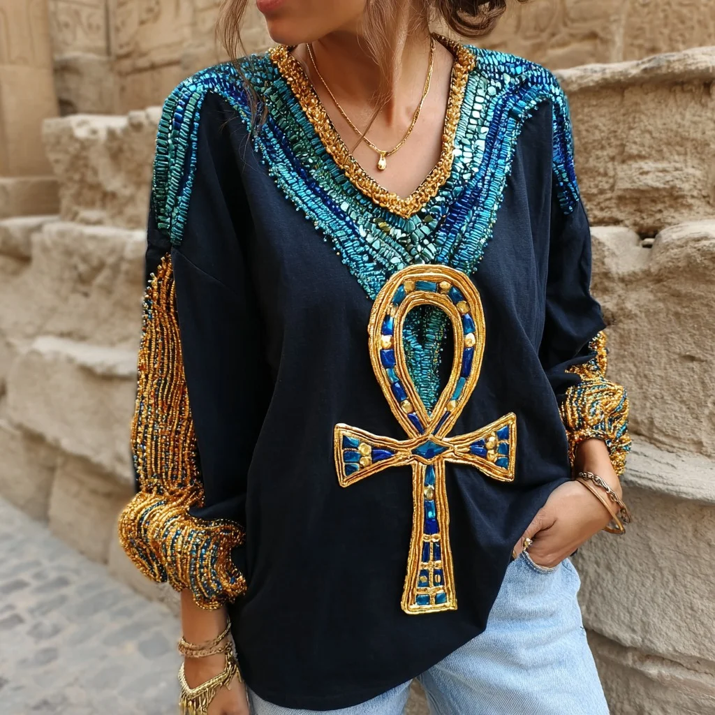 Women's Ancient Egyptian Ankh Gold-stamped V-neck T-shirt