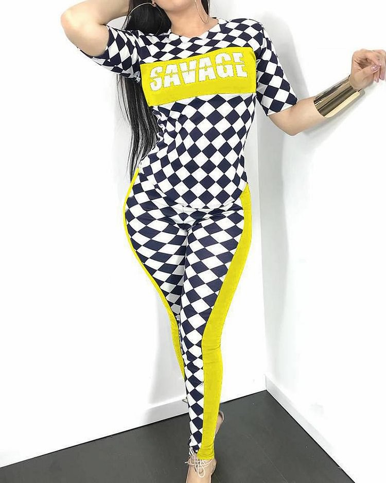 Gingham Letter Print Split Curve Hem Top & Pants Set - Shop Trendy Women's Clothing | LoverChic
