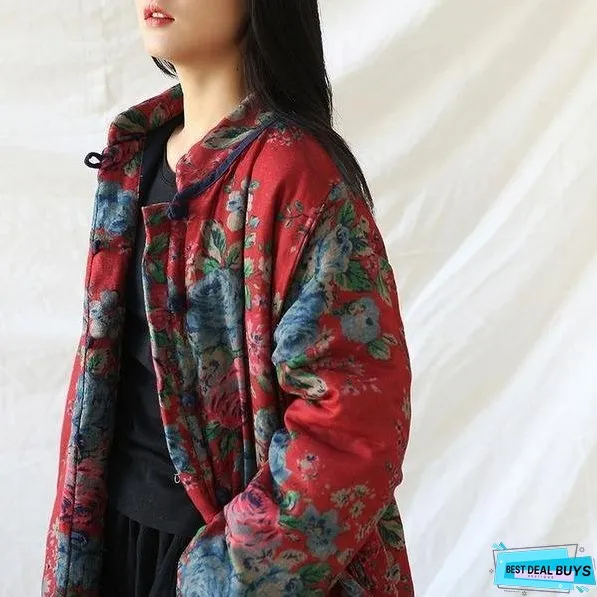 Women Red Print Floral Vintage Parkas Linen Pockets Winter New Chinese Style Parkas