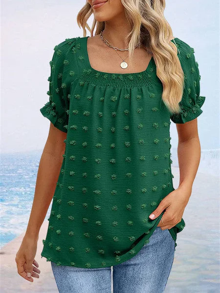 Women's Short Sleeve Square Neck Polka Dot Jacquard T-Shirt Top