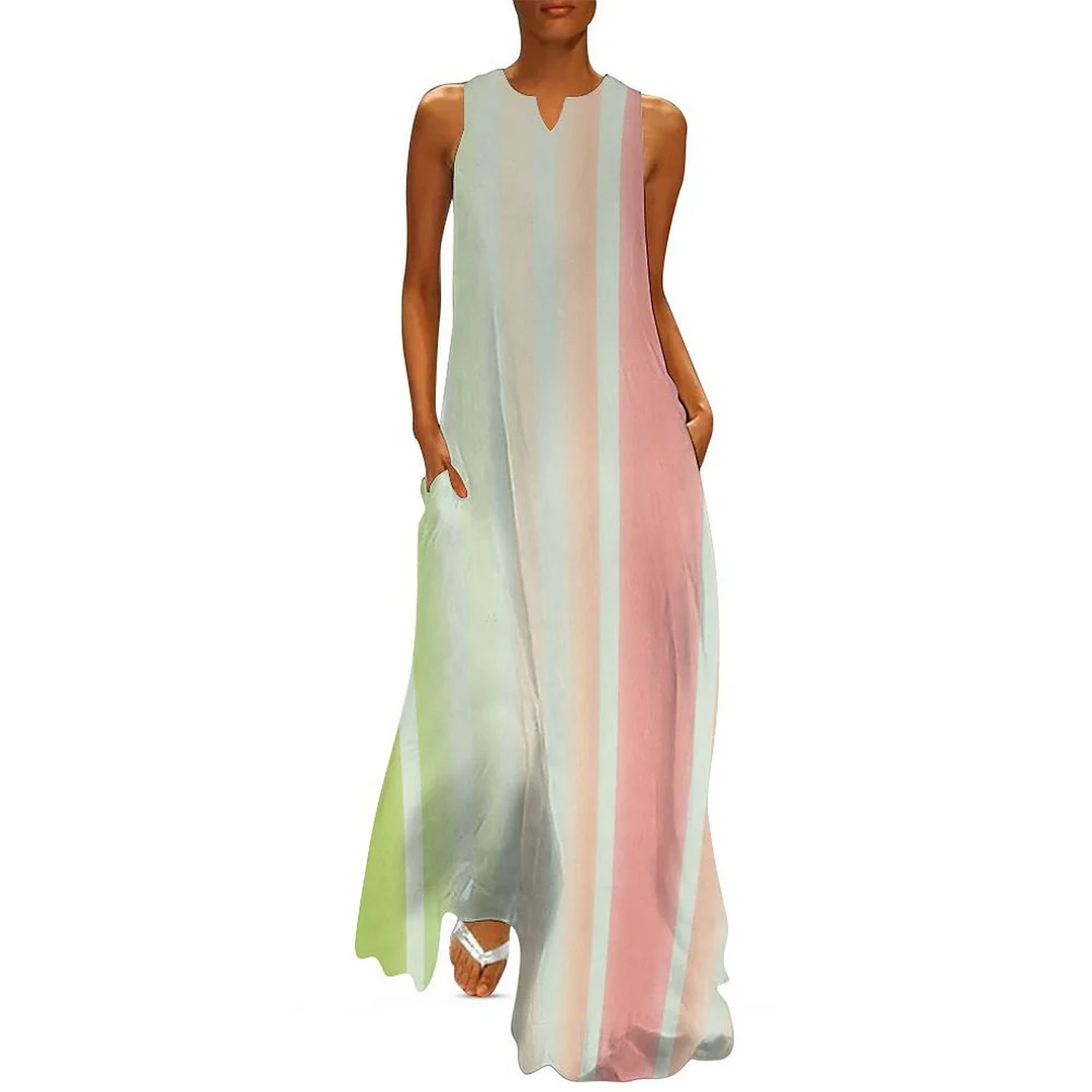 Style & Comfort for Mature Women Plus Size Printed Sleeveless Casual Women Maxi Dress with Pockets in Pattern Striped, Green, Pink