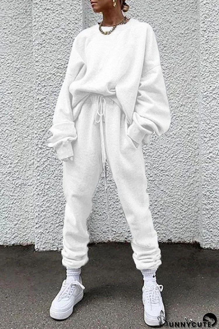 Casual Solid Pocket O Neck Long Sleeve Two Pieces
