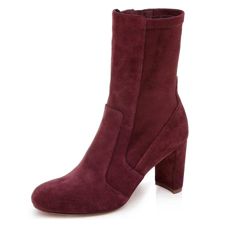 Burgundy Joint Ankle Boot Chunky Heel Boots |FSJ Shoes