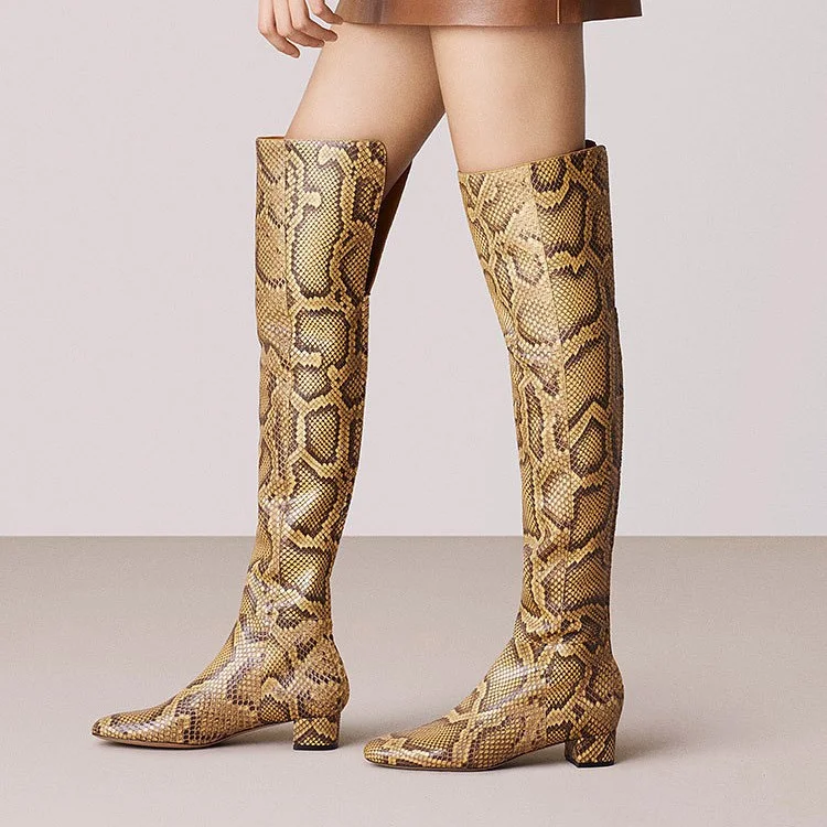 Snakeskin Boots Low Heel Fashion Over-the-Knee Boots |FSJ Shoes