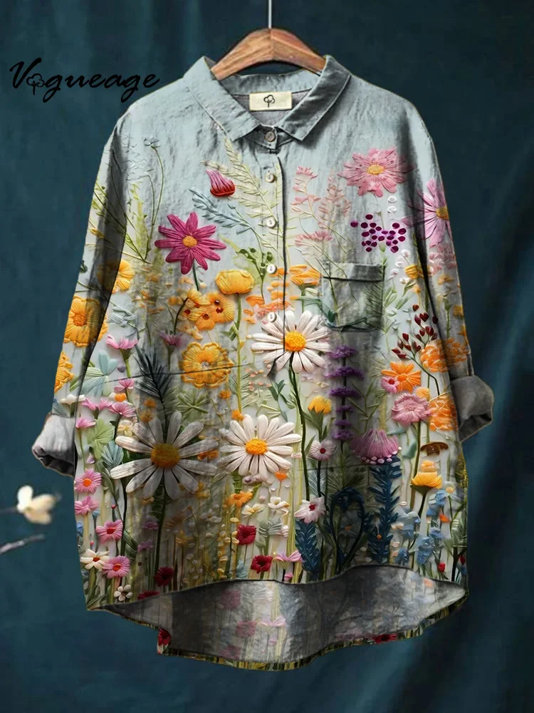 Bright Colored Flowers Printed Cotton And Linen Shirt