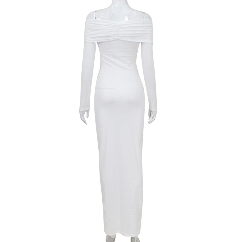 Ootddress White Pleated Slim Maxi Dress Elegant For Women Patchwork Off-Shoulder Fashion High Waist Dress Ladies Solid Party Dress