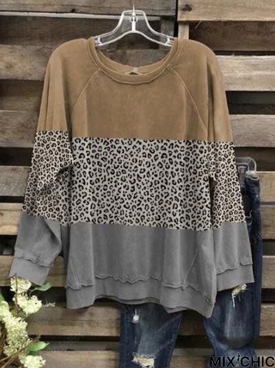 Leopard Long Sleeve Round Neck Tunic T-Shirt