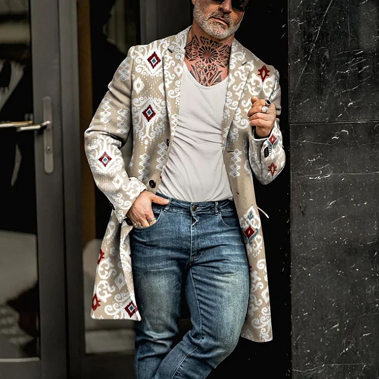 Comstylish Men'S Retro Ethnic Style Pattern Lapel Mid Length Coat
