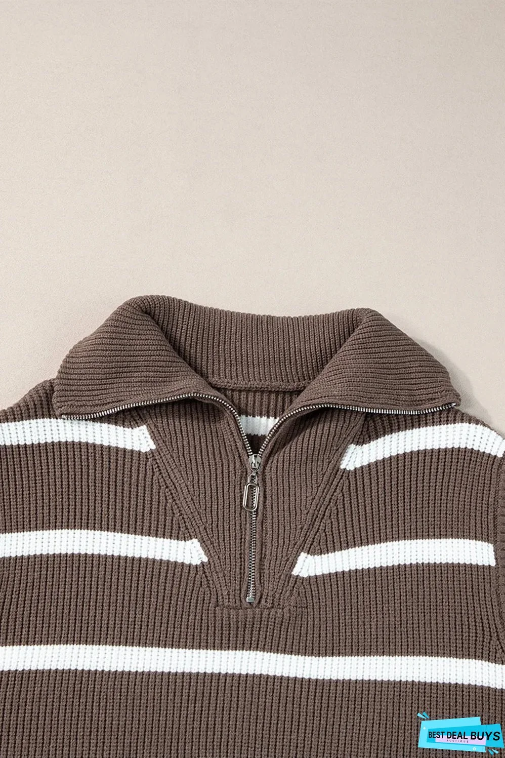 Brown Stripe Zipped Collar Cap Sleeve Knit Top