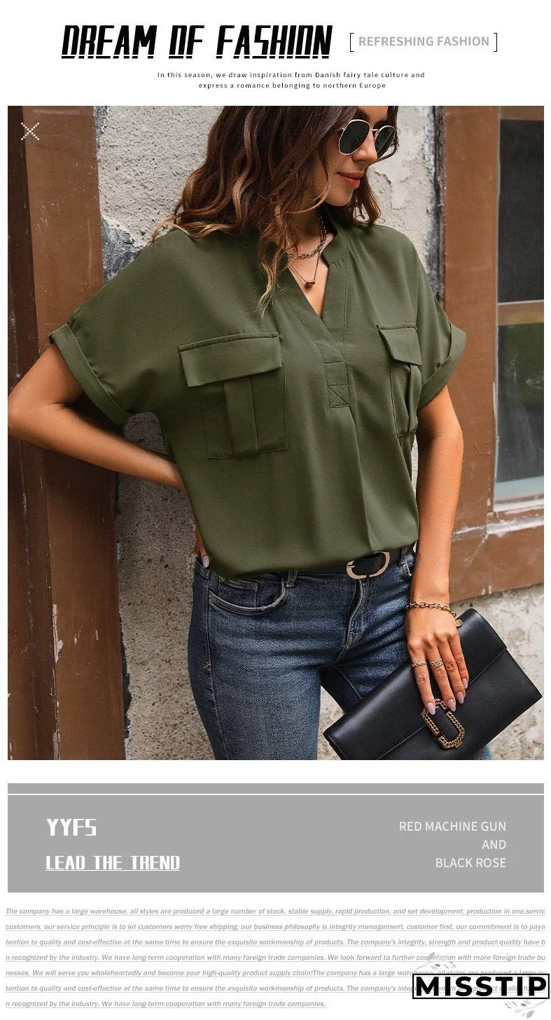 Solid Color V-neck Pocket Short-sleeved Shirt 22982116