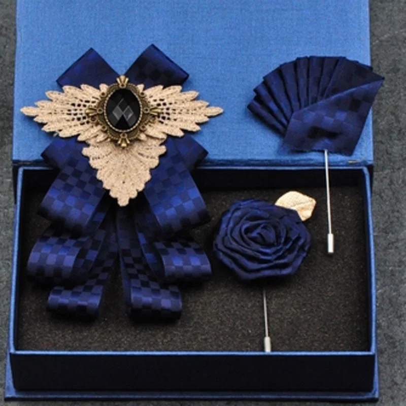 Fashion New Casual Multilayer Bowtie Diamond Brooch Rhinestone Red Bow Tie Brooch Set Wedding Groom Groomsmen Pocket Square Men