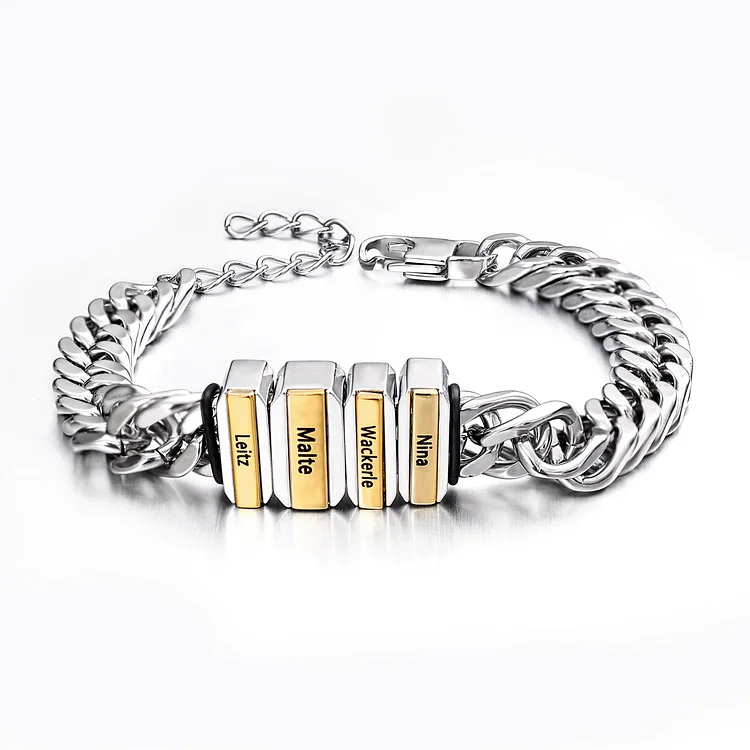 Kettenmachen Herren Personalisiertes 4 Namen Edelstahl Kubanisches Armband mit Edelstahl Perle