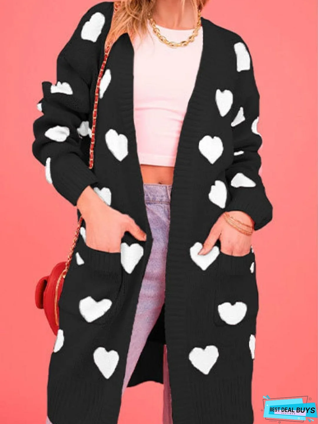 Heart Open Front Long Sleeve Cardigan