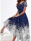 Women's Swing Dress Midi Dress Navy Blue Short Sleeve Floral Print Spring Summer Square Neck Elegant
