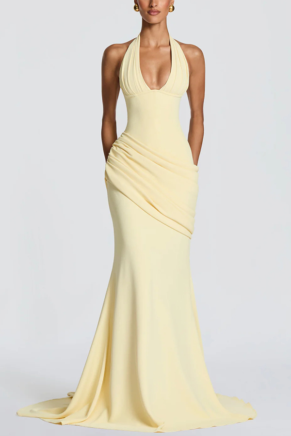 Nehemia Halter V-neck Back Lace-up Asymmetric Pleated Panel Drapes Maxi Dress mysite idetrend