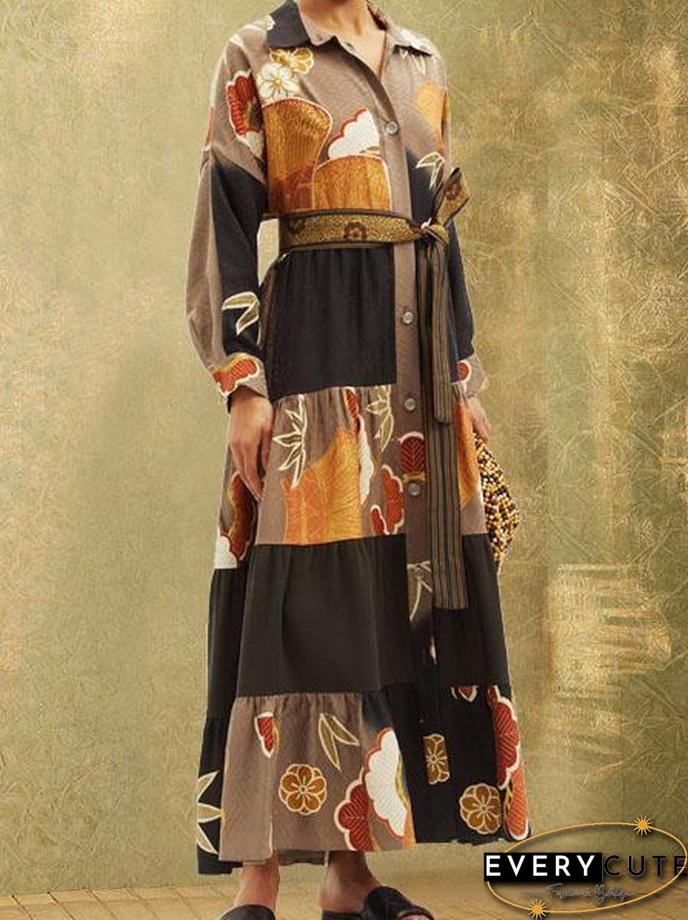 Lapel Pattern Joint Women Casual Long Dress