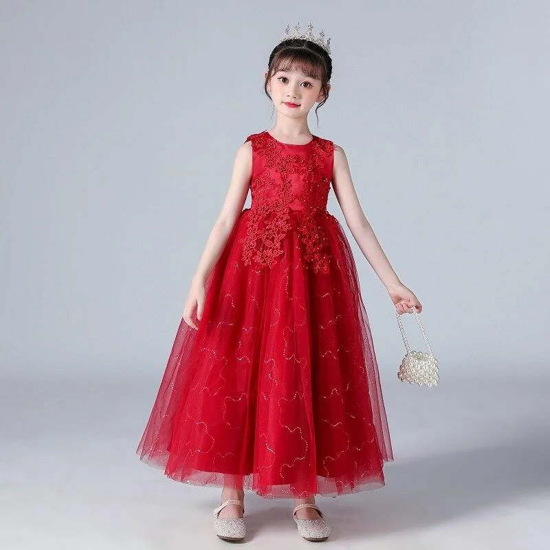 Kids Dresses For Girls Flower Ball Gown Birthday Wedding Party Princess Banquet Summer Sleveless Children's Long Dress