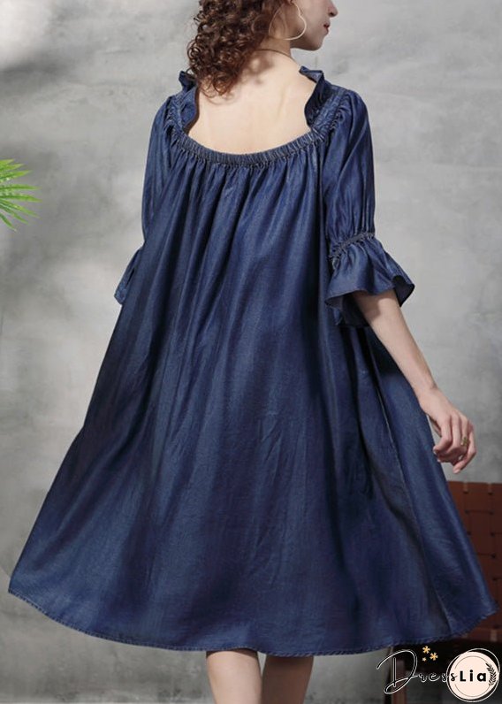 Vintage Blue Square Collar Embroideried Floral Ruffled Patchwork Long Dresses Half Sleeve
