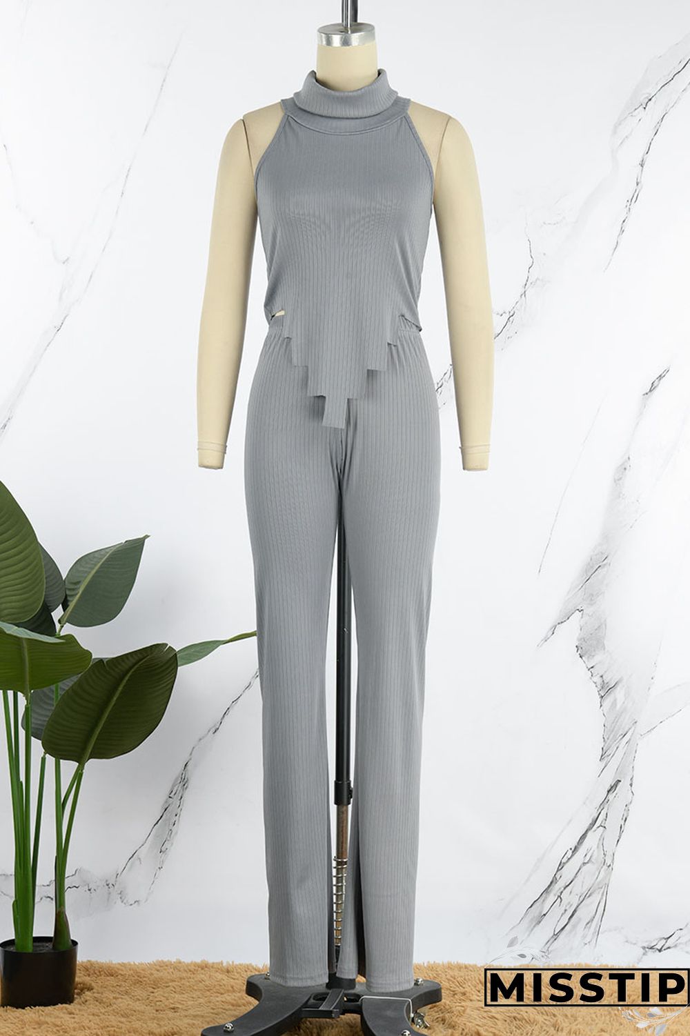 Grey Sexy Solid Patchwork Asymmetrical Turtleneck Sleeveless Two Pieces