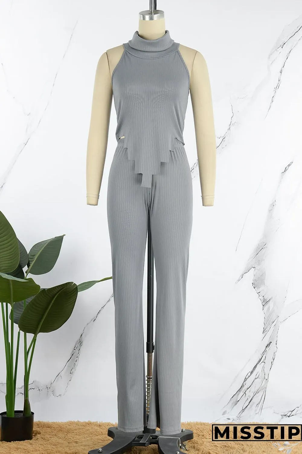 Grey Sexy Solid Patchwork Asymmetrical Turtleneck Sleeveless Two Pieces