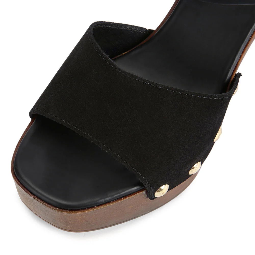 Black Patchwork Ankle Strap Open Toe Studded Women's Platform Heels