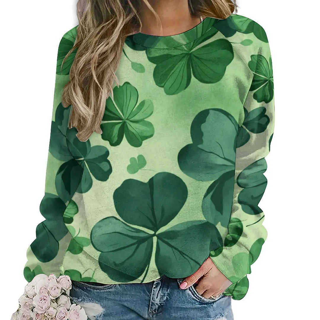 Printed Long Sleeve Casual Sweatshirt for  Women and Men Unisex Pattern St. Patrick's Day, Green, Clover, Lucky