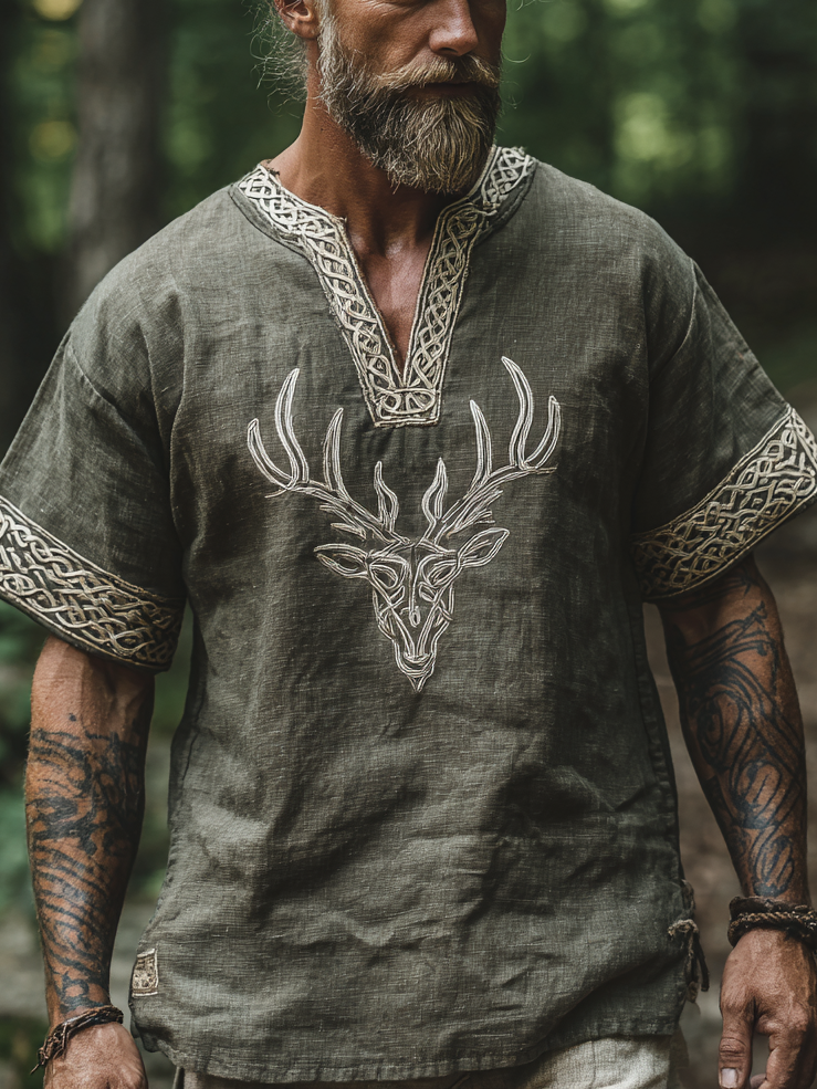 Men's Viking-Inspired Deer Short Sleeve V-Neck Linen T-Shirt / Rvogue / Rvogue