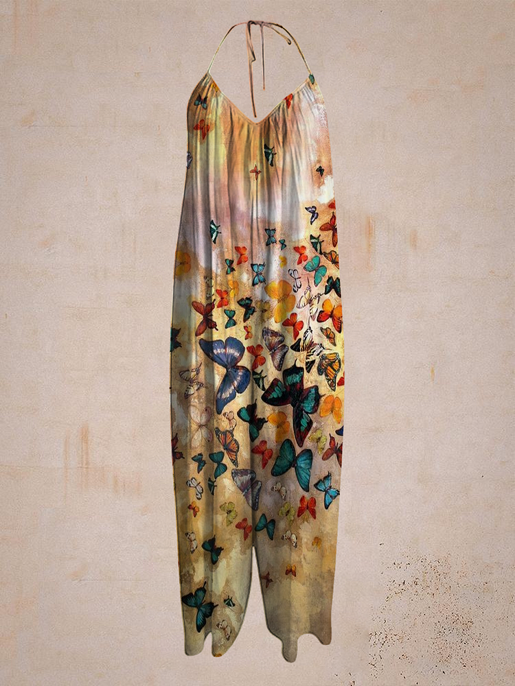Strap butterfly print jumpsuit-Mayoulove
