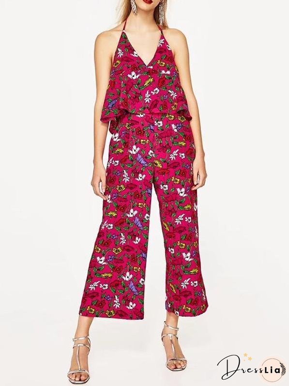 Sexy Floral-Print Off-Shoulder Deep V Neck Strape Jumpsuits
