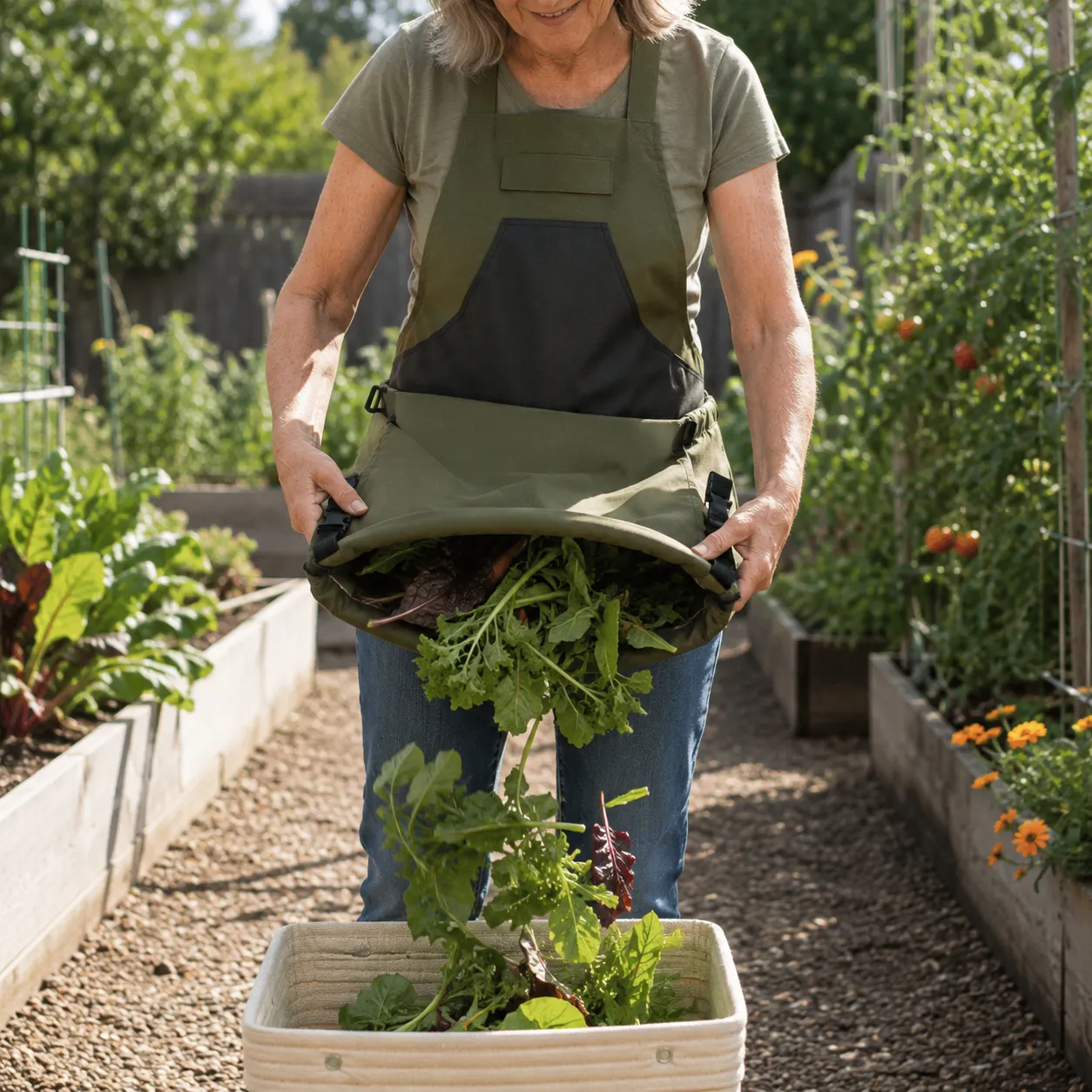 Rugged hands-free harvest apron in a vegetable garden