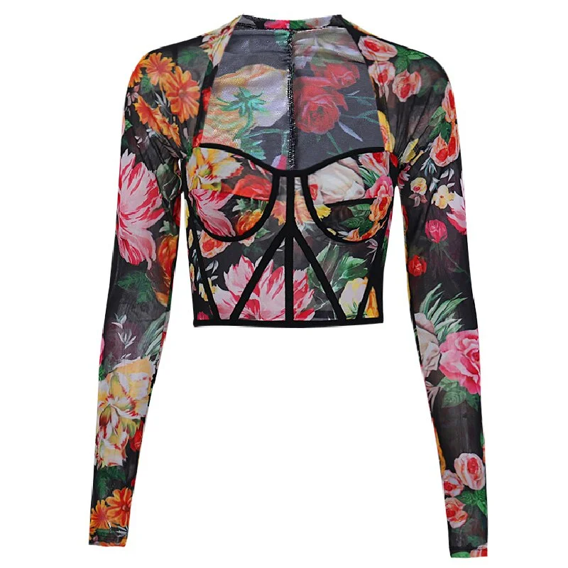 InstaHot Floral Mesh Boat Neck Top Sexy Long Sleeve Crop Women Party Club Skinny Patchwork T-shirt Office Lady Vintage Top 2019
