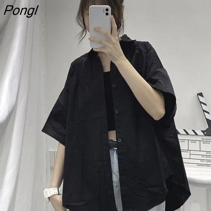Pongl Shirts Three Quarter Sleeve Women Summer Solid Ulzzang Black Outwear Tops All-match Ins Retro Womens Fashion Students