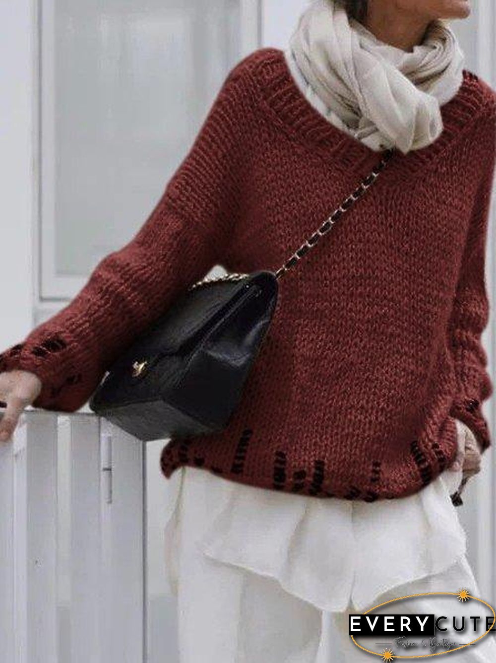 Casual V Neck Long Sleeve Sweater