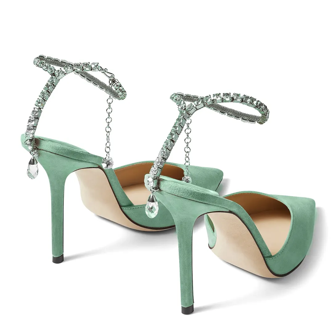 100mm Women's Sandals Crystal Chain Rhinestone Embellished Strap Suede Pumps Pointy Stilettos Backless Shoes-vocosishoes