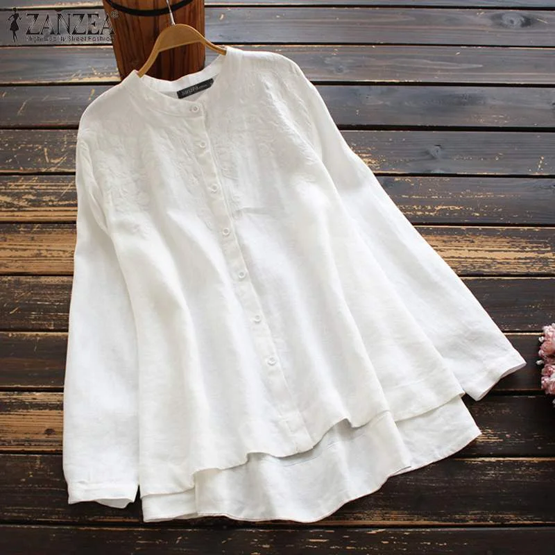 ZANZEA Vintage Women Embroidery Blouse Casual Cotton Shirt Spring Floral Long Sleeve Tunic Tops Chemise Buttons Loose Blusas